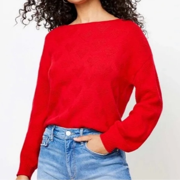 Loft red heart print bateau neck sweater balloon long sleeve cotton blend Sz XS - Picture 1 of 8